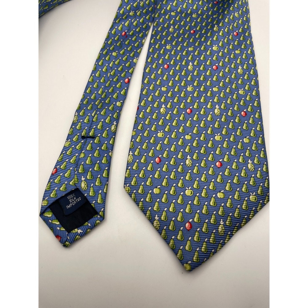 Talbots Mens Blue Silk Necktie Green Pear Fruit Print Novelty Classic Silk Tie